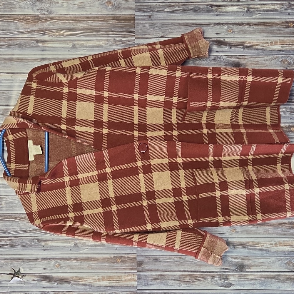 Christian Siriano New York Burgundy and Beige Plaid Blazer Size M